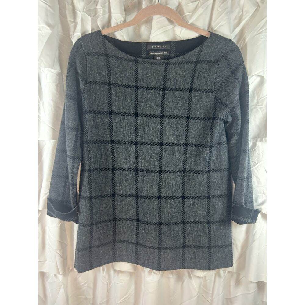 TAHARI Sweater S 100% Extrafine Merino Wool Windowpane Check Cuff Sleeve Gray